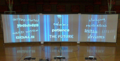3-Screen Character Media Assembly in a Gym, NEVER GIVE UP